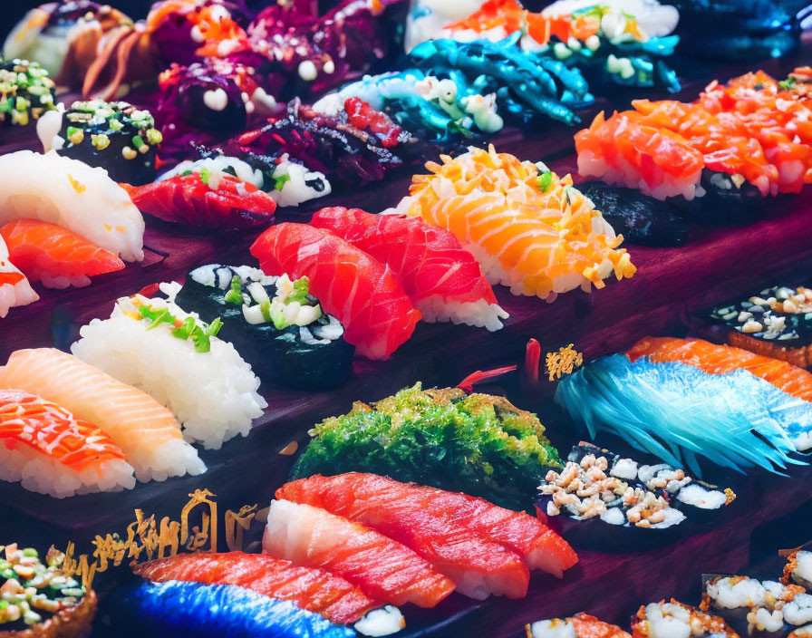 Vibrant Sushi and Sashimi Selection on Wooden Board