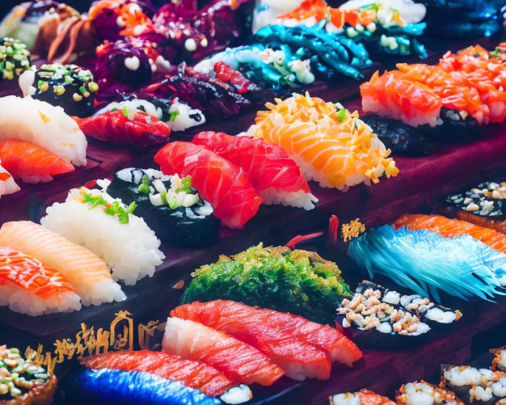 Vibrant Sushi and Sashimi Selection on Wooden Board