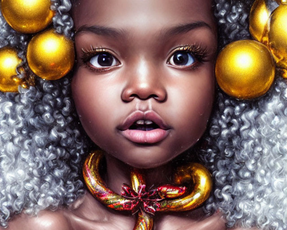 Digital artwork of young girl in striped hat with large eyes among Christmas ornaments