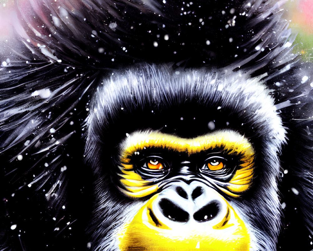 Detailed Gorilla Face Illustration with Yellow Eyes on Swirling Background