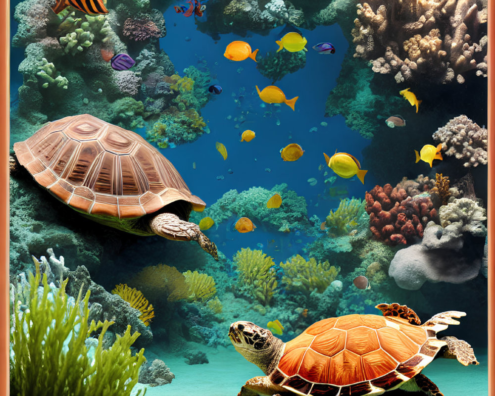 Colorful Underwater Scene with Sea Turtles & Marine Life