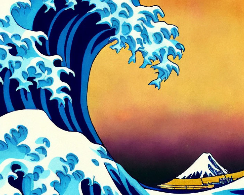 Colorful artwork of blue wave, Mount Fuji, boats under orange sky