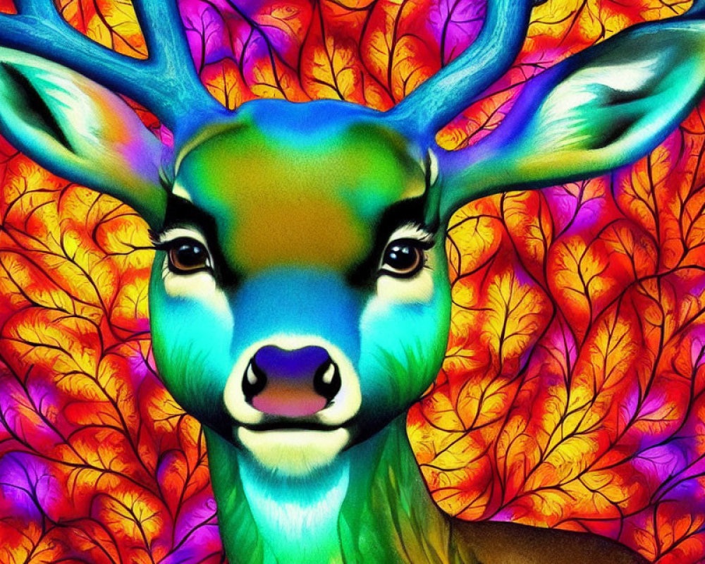 Colorful Deer Illustration with Glowing Eyes and Multicolored Face