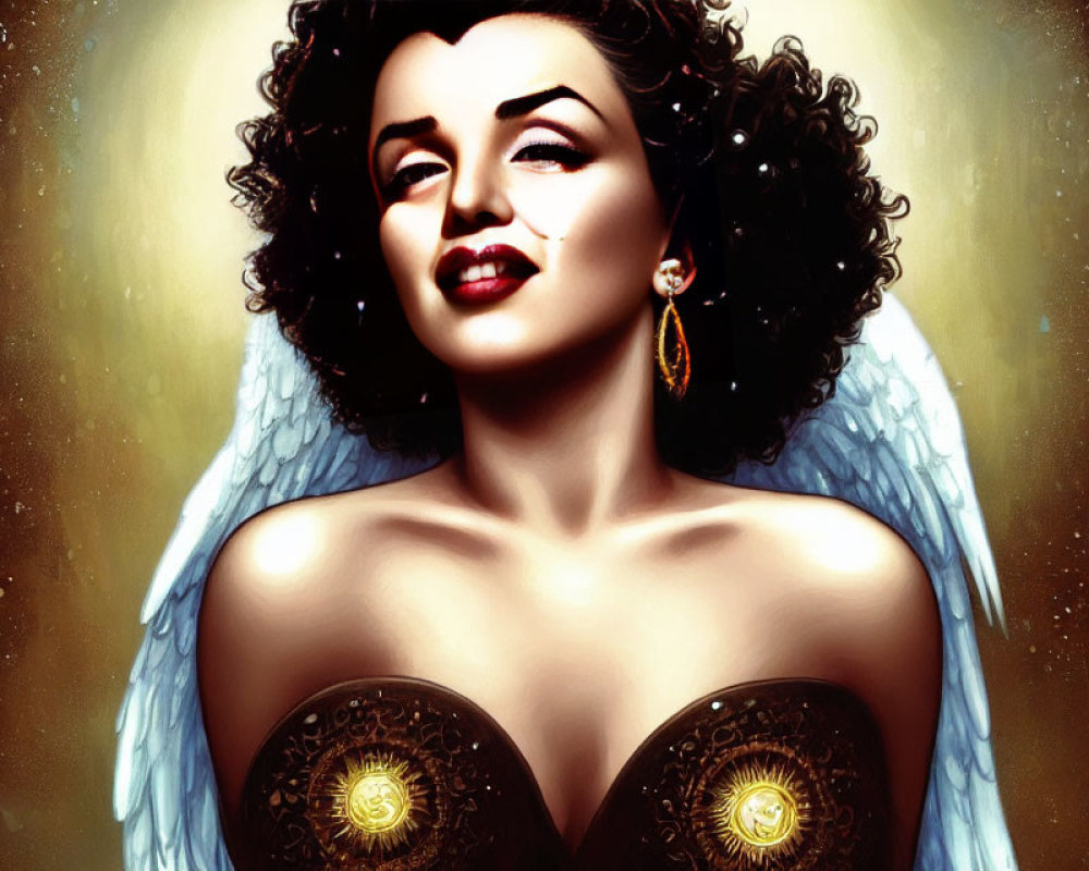 Dark Curly-Haired Woman in Ornate Golden Attire Against Celestial Background