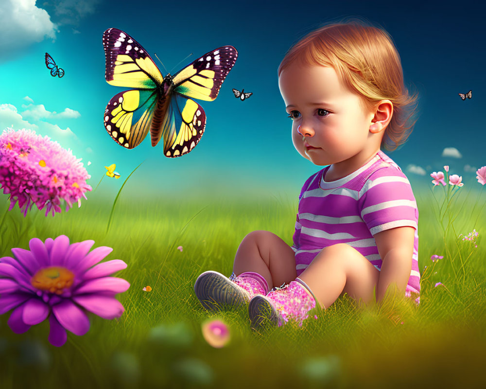 Toddler admires butterfly in sunny garden scene