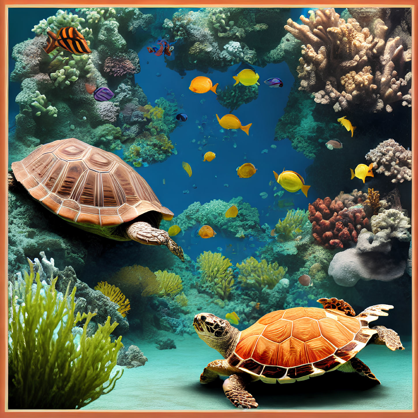 Colorful Underwater Scene with Sea Turtles & Marine Life