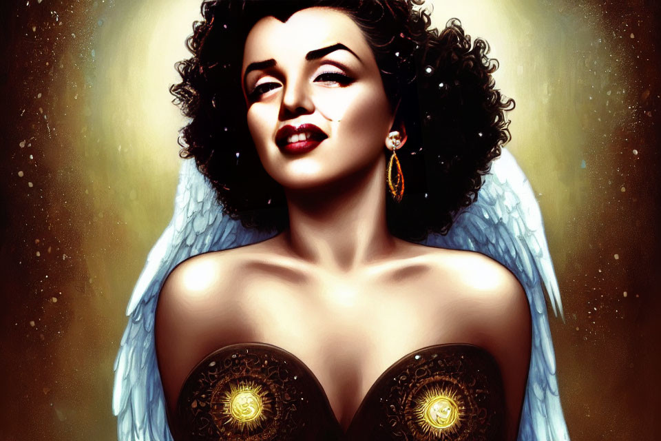 Dark Curly-Haired Woman in Ornate Golden Attire Against Celestial Background