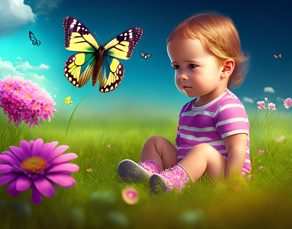 Toddler admires butterfly in sunny garden scene