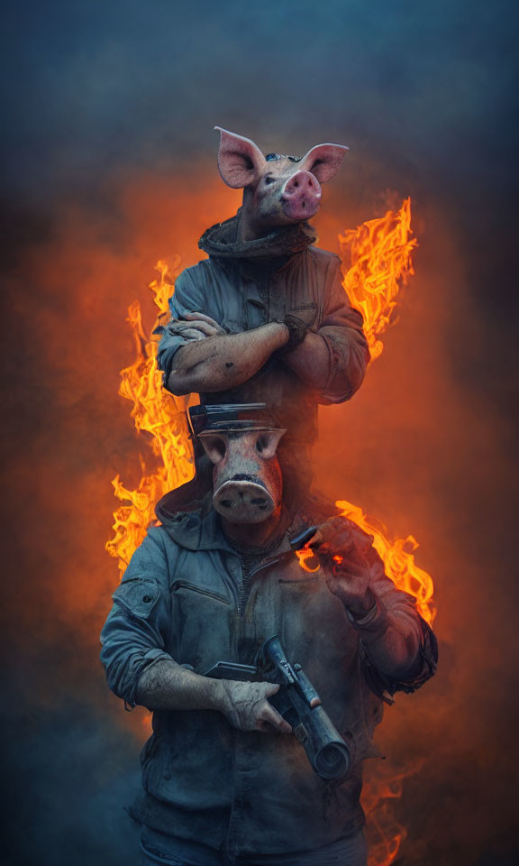 Two individuals in pig masks with gun, amidst fiery backdrop