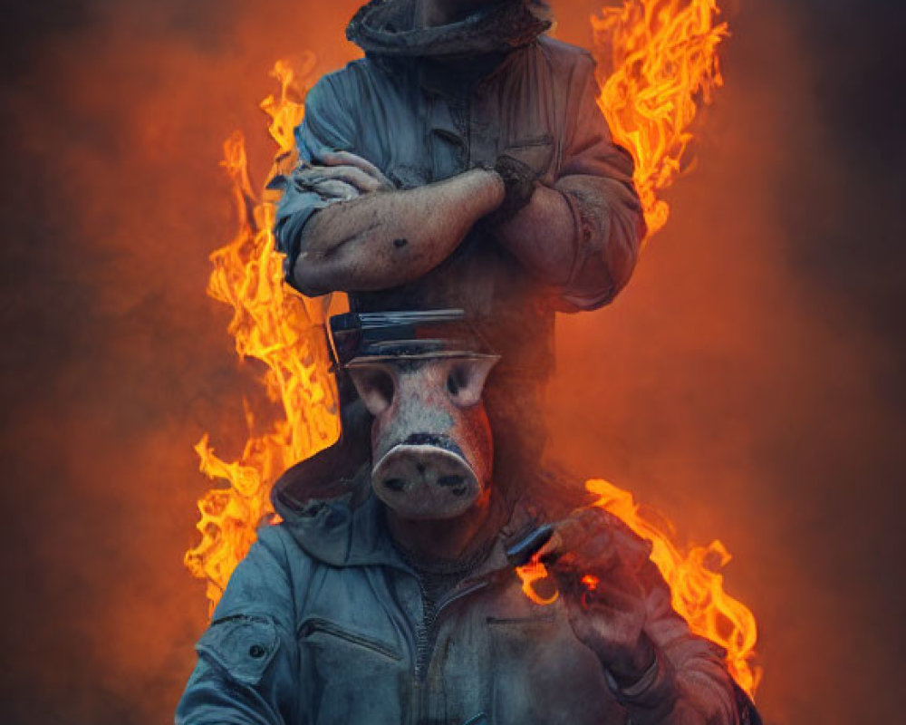 Two individuals in pig masks with gun, amidst fiery backdrop