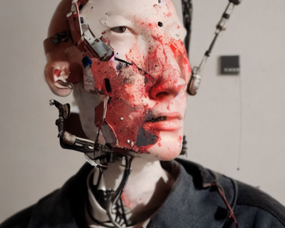 Half-exposed mechanical head humanoid robot in denim shirt on beige background