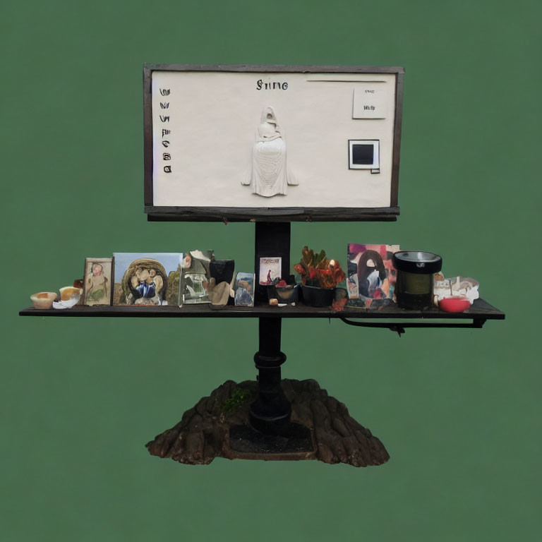 Shrine-themed art installation with central figurine on shelf against green background