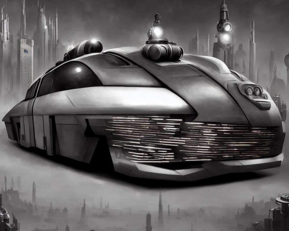 Sleek metallic train in futuristic cityscape with skyscrapers