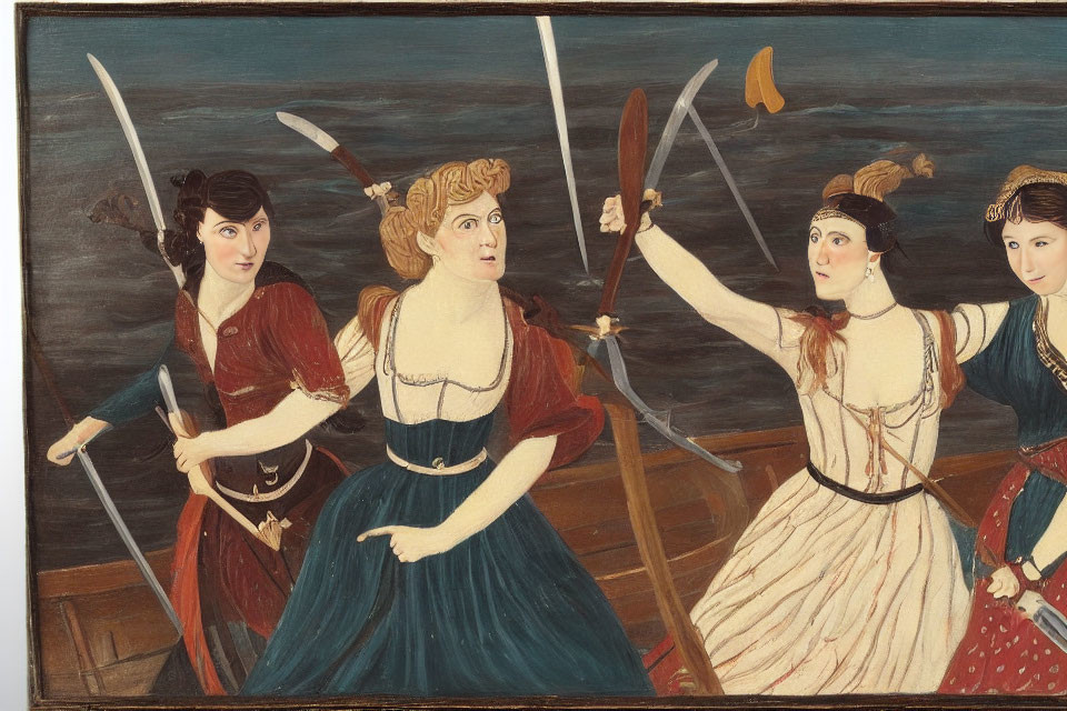Vintage Illustration: Four Women in Historical Dresses with Swords in Maritime Setting