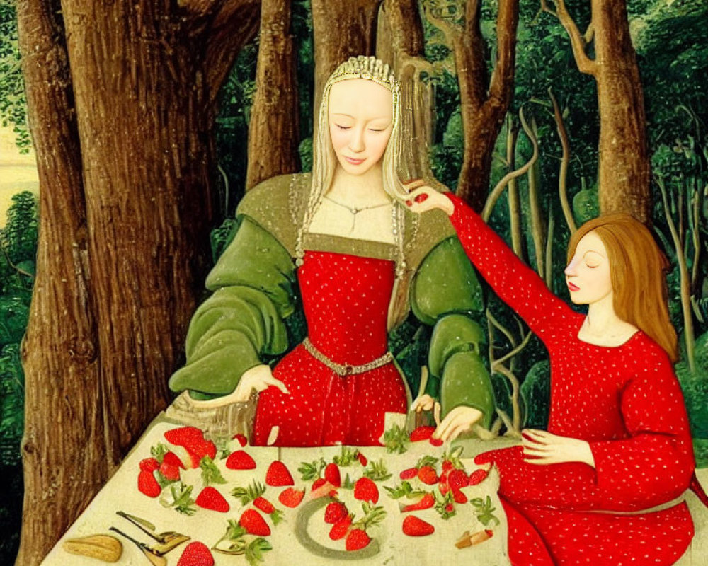 Medieval women in red dresses with strawberries on table in forest