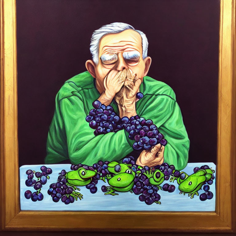 Elderly man imitates frogs with grapes on table