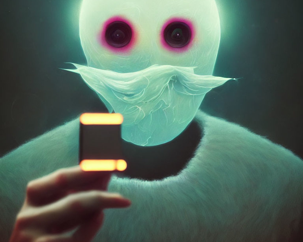 Surreal digital artwork: figure with featureless face, light beard, holding glowing device.