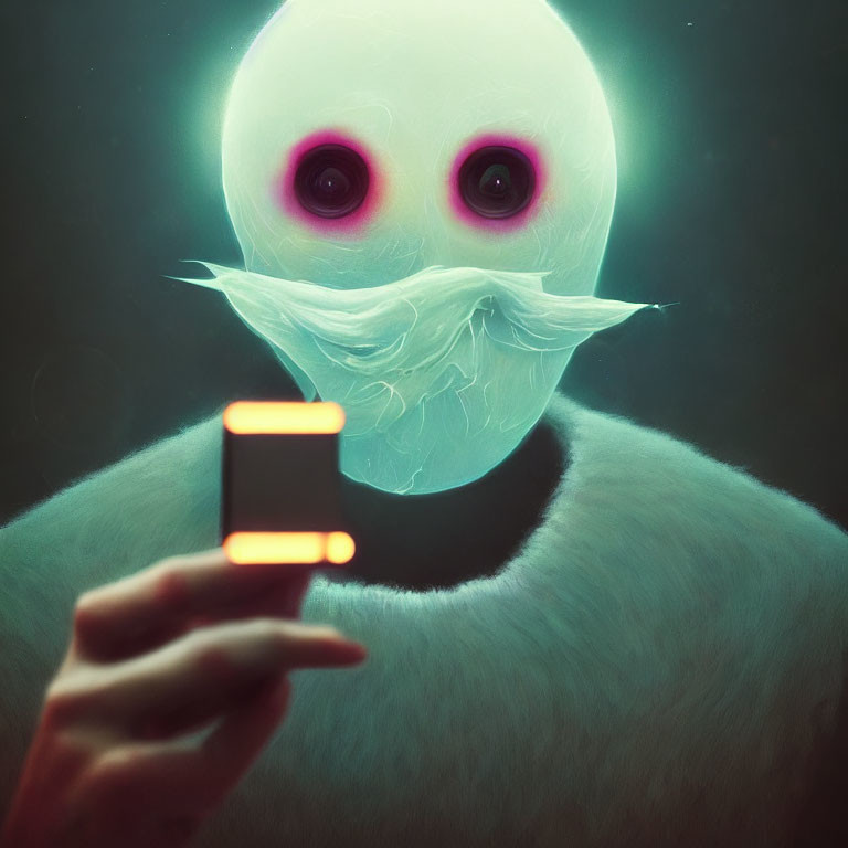 Surreal digital artwork: figure with featureless face, light beard, holding glowing device.