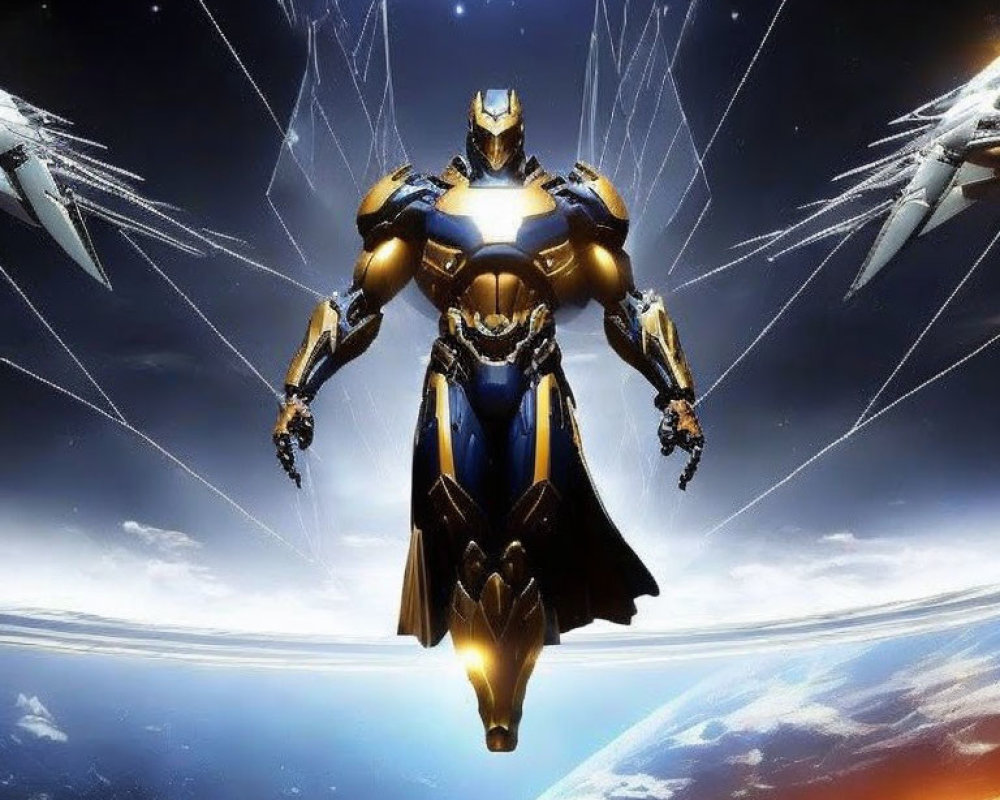 Armored figure hovering in space above Earth with celestial body and white light shards.