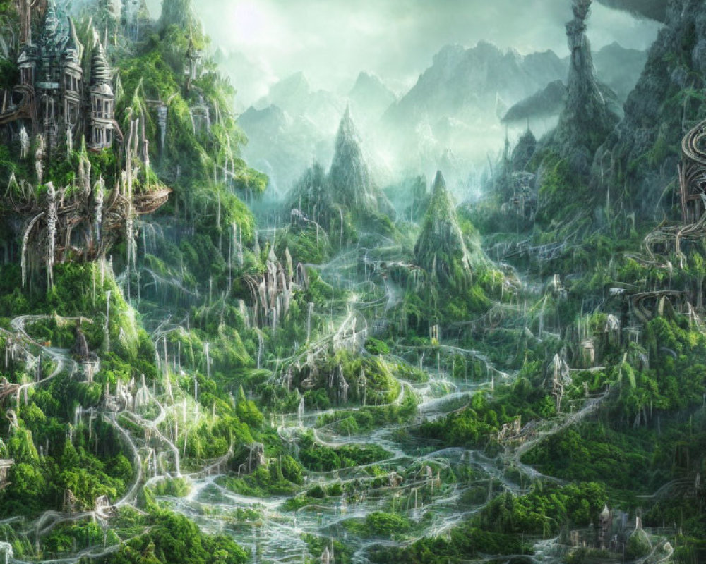 Enchanting forest with luminous pathways, waterfalls, and ancient structures