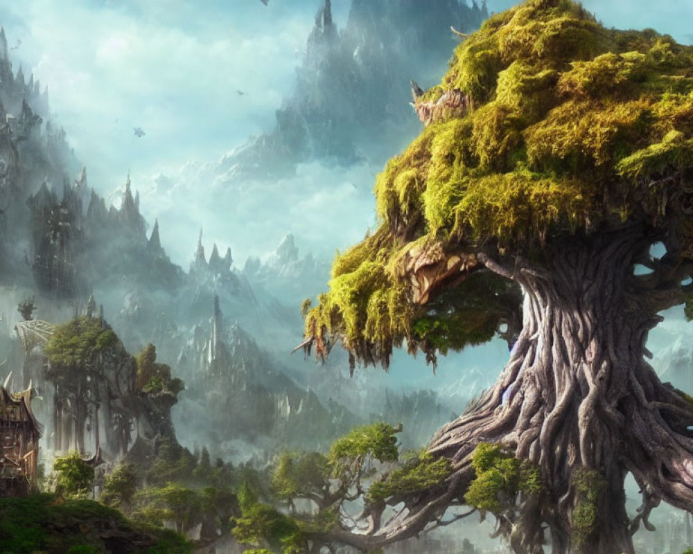 Fantasy landscape with giant tree, mountains, greenery, and flying dragon