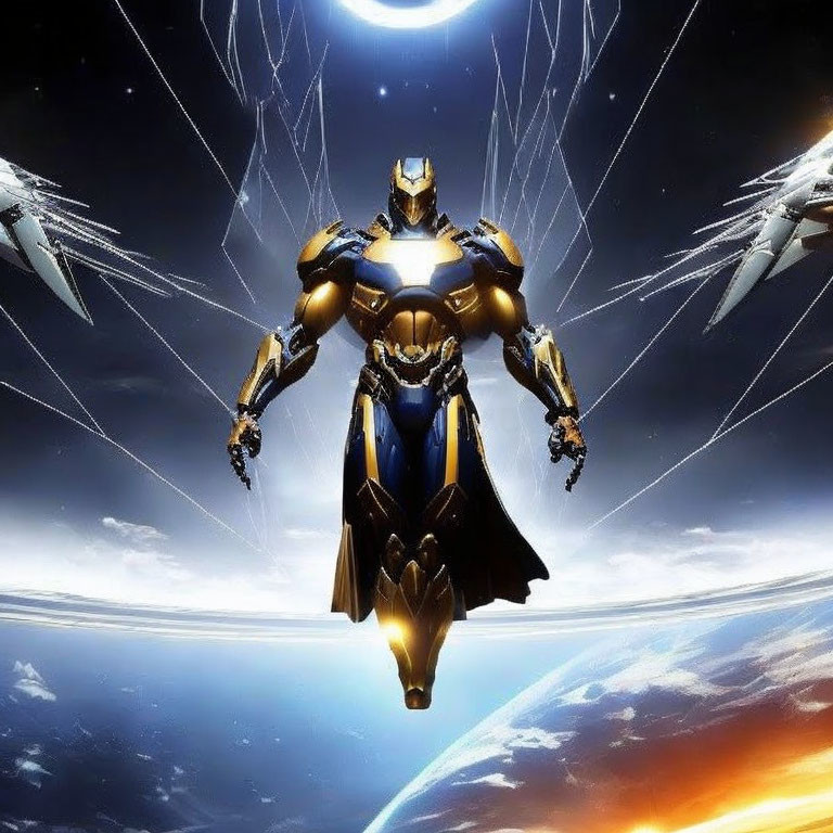 Armored figure hovering in space above Earth with celestial body and white light shards.