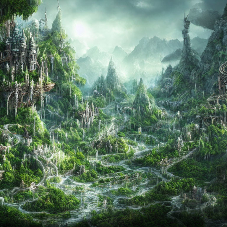 Enchanting forest with luminous pathways, waterfalls, and ancient structures