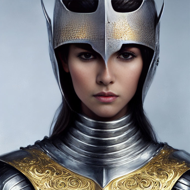 Medieval-style helmet and ornate armor on stern-faced woman