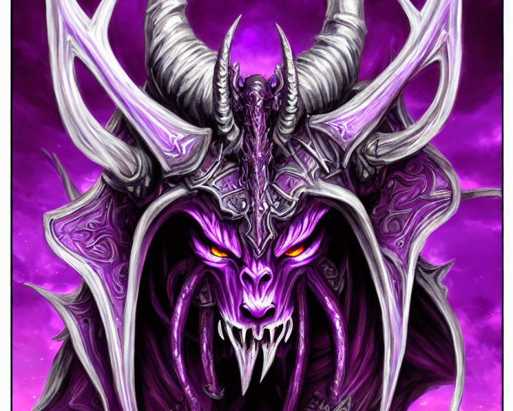 Fantasy creature with glowing eyes, horns, purple armor on magenta background