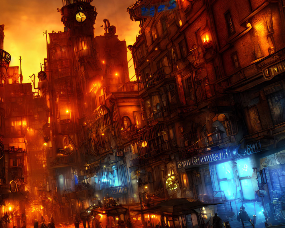 Dystopian cityscape at dusk: neon signs, crowded streets, warm glow