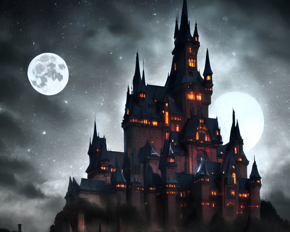 Majestic castle under starry night sky with full moon.