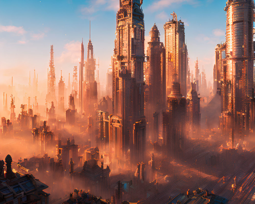 Futuristic sunrise scene with skyscrapers and flying vehicles