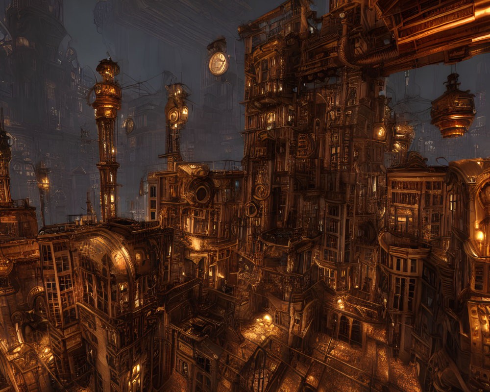 Detailed steampunk cityscape with glowing windows and large gears at night