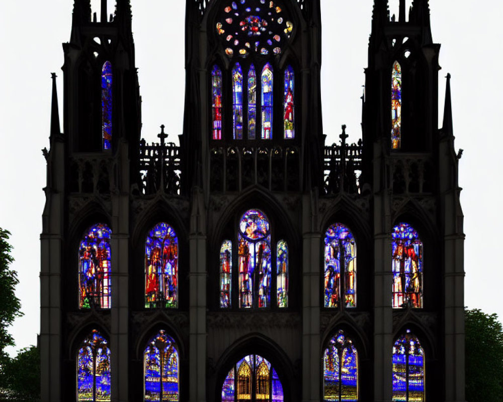Gothic Cathedral Facade with Tracery and Stained Glass Windows
