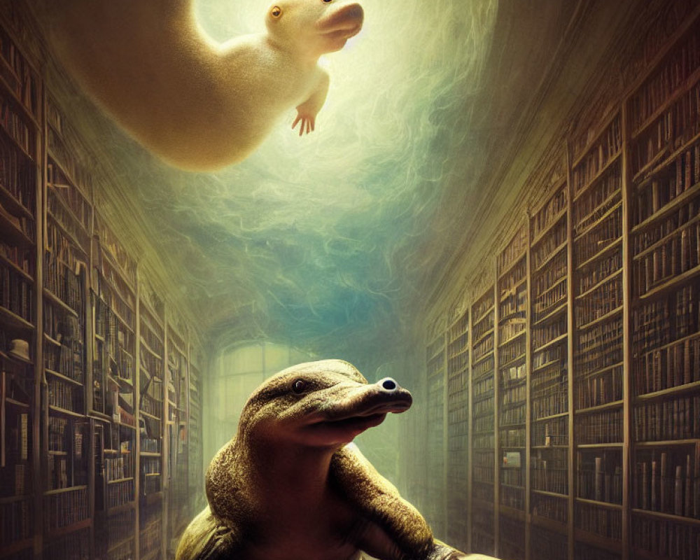 Library scene: Large lizard and ethereal counterpart in glowing light