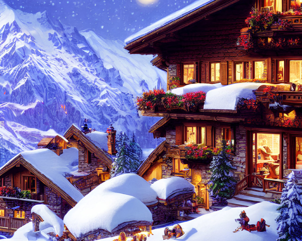 Snowy Chalet Decorated with Christmas Ornaments Under Starry Night Sky