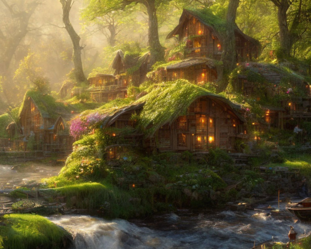 Peaceful woodland village with moss-covered cottages and glowing windows by serene river at dusk