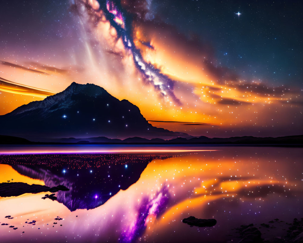Scenic night sky with swirling clouds, stars, lake reflection, and mountain silhouette