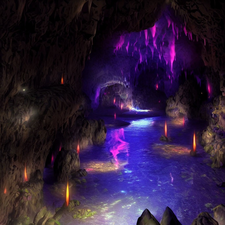 Mystical cave with purple and pink lights, blue water, rocks, and crystals