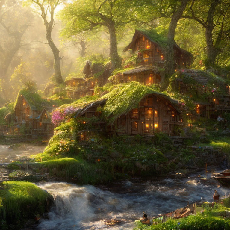 Peaceful woodland village with moss-covered cottages and glowing windows by serene river at dusk