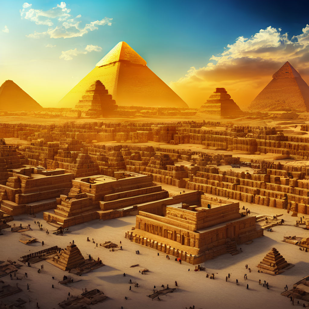 Sunset view of Giza pyramids and Sphinx in Egypt