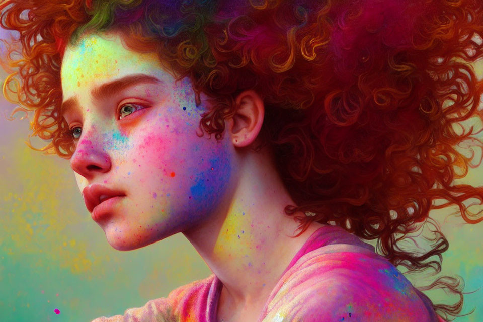 Vibrant red curly hair and colorful speckles on a dreamy face