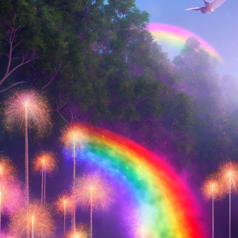 Colorful rainbow over misty forest with fireworks and soaring eagle