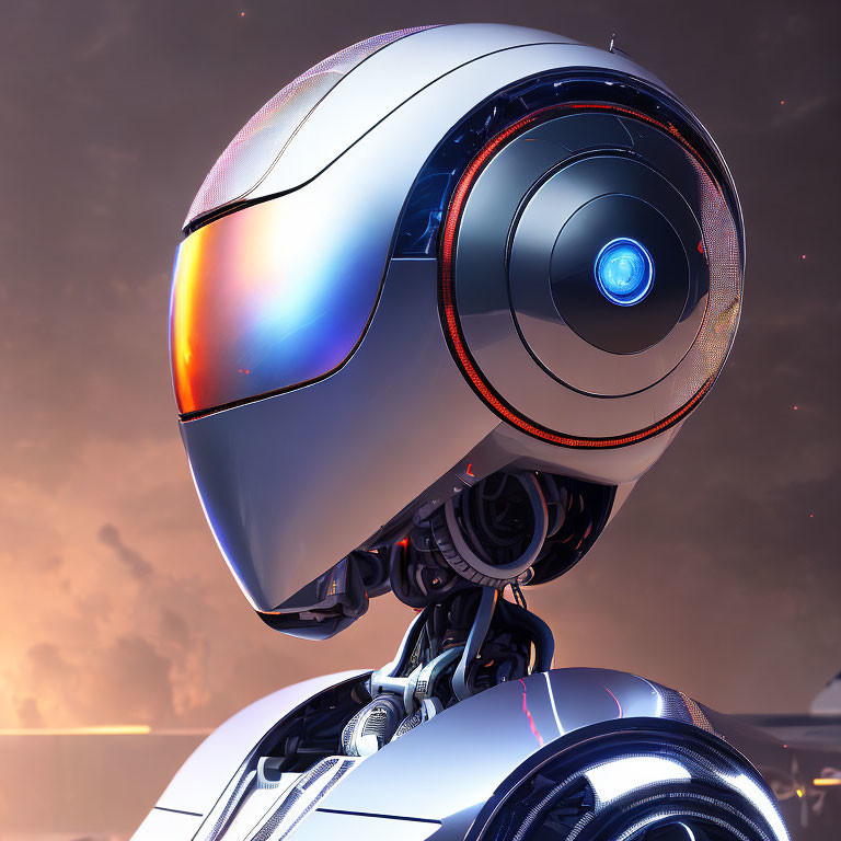 Reflective Futuristic Robot Head with Glowing Blue Eye in Dusky Sky