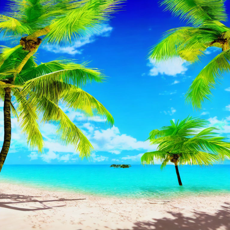 Vivid Tropical Beach Scene with Blue Sky, Turquoise Water, White Sand, and Palm Trees