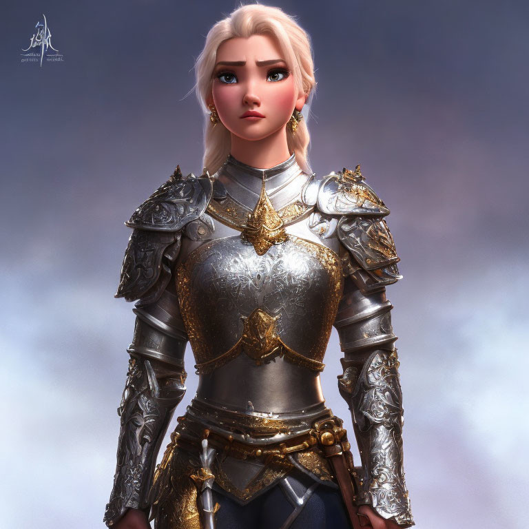 Blonde Female Warrior in Silver Armor and Blue Eyes on Blurred Background