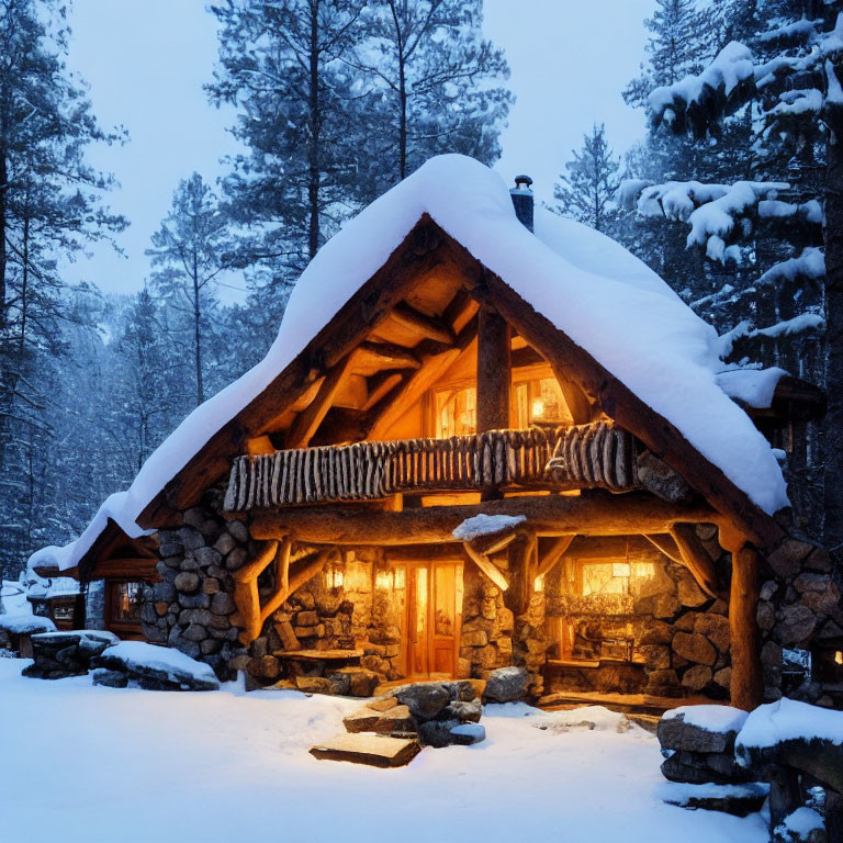 Cozy wooden cabin in snowy forest at twilight