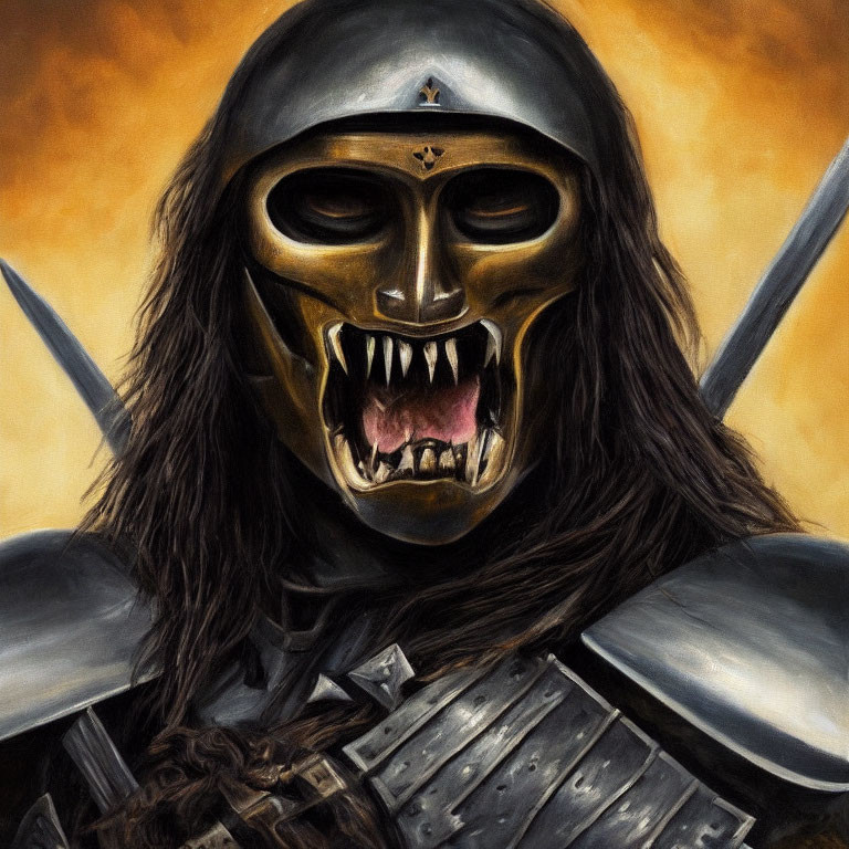 Warrior in Skull Helmet with Swords on Fiery Background