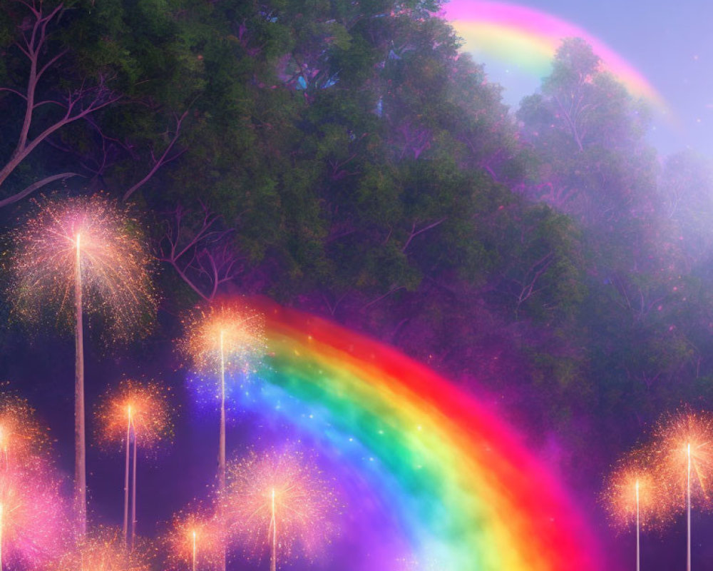 Colorful rainbow over misty forest with fireworks and soaring eagle