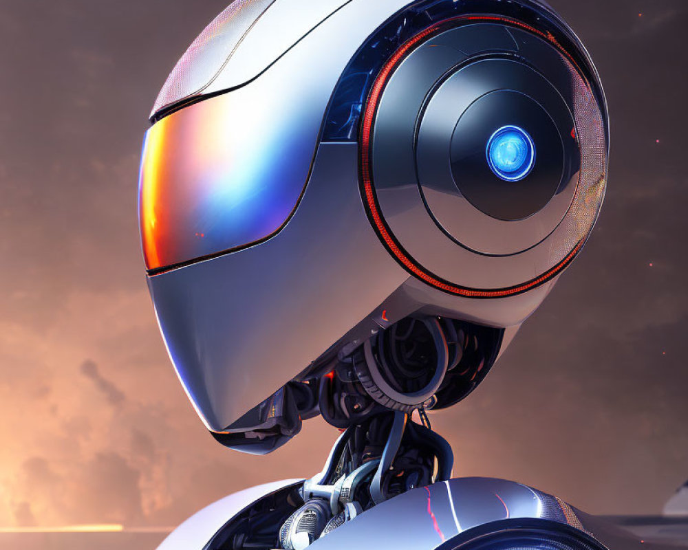 Reflective Futuristic Robot Head with Glowing Blue Eye in Dusky Sky